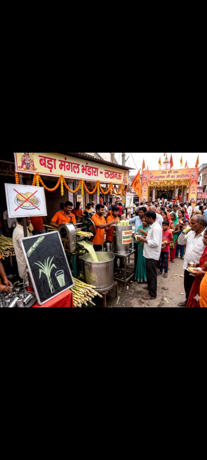 लखनऊ में गैस संकट: बड़े मंगल पर पूड़ी-सब्जी की जगह गन्ने के रस का भंडारा